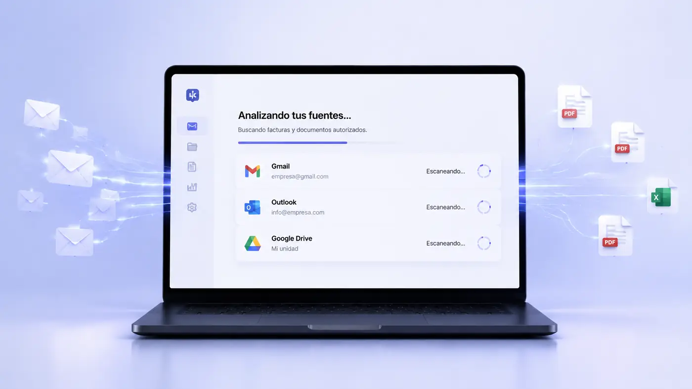 Invora analizando Gmail, Outlook y Google Drive en busca de facturas