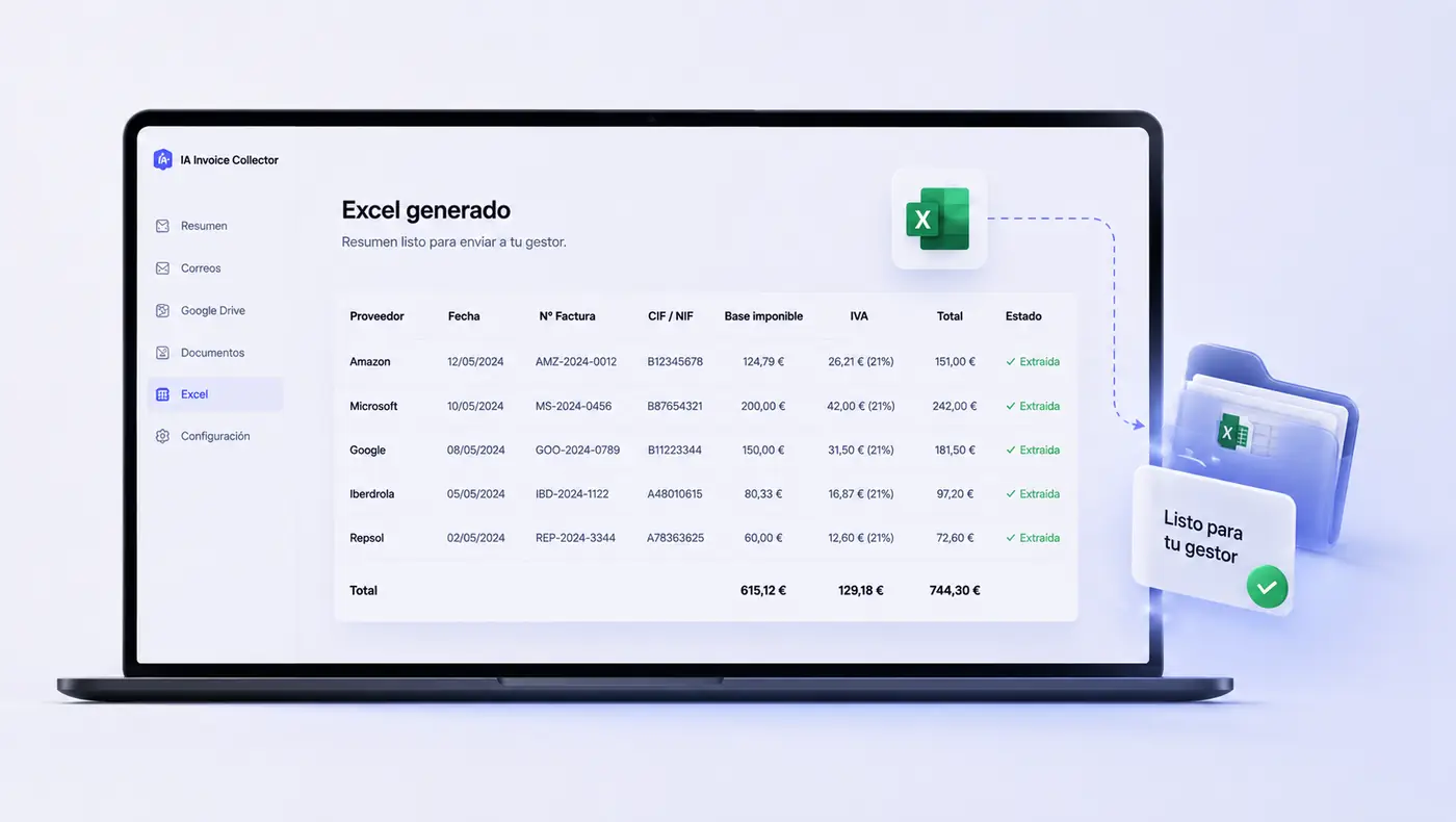 Excel generado automáticamente con los datos de las facturas, listo para el gestor
