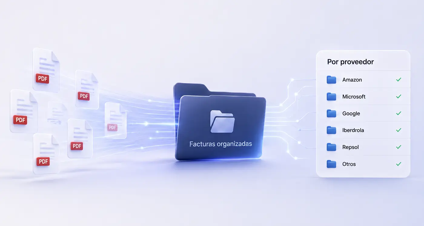 PDFs de facturas organizándose automáticamente en una carpeta por proveedor